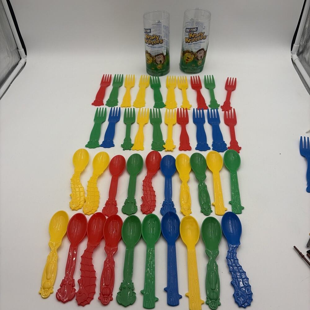 Dixie Krazy Kritters Animal Plastic Utensils 40 pc Forks Spoons Primary Colors